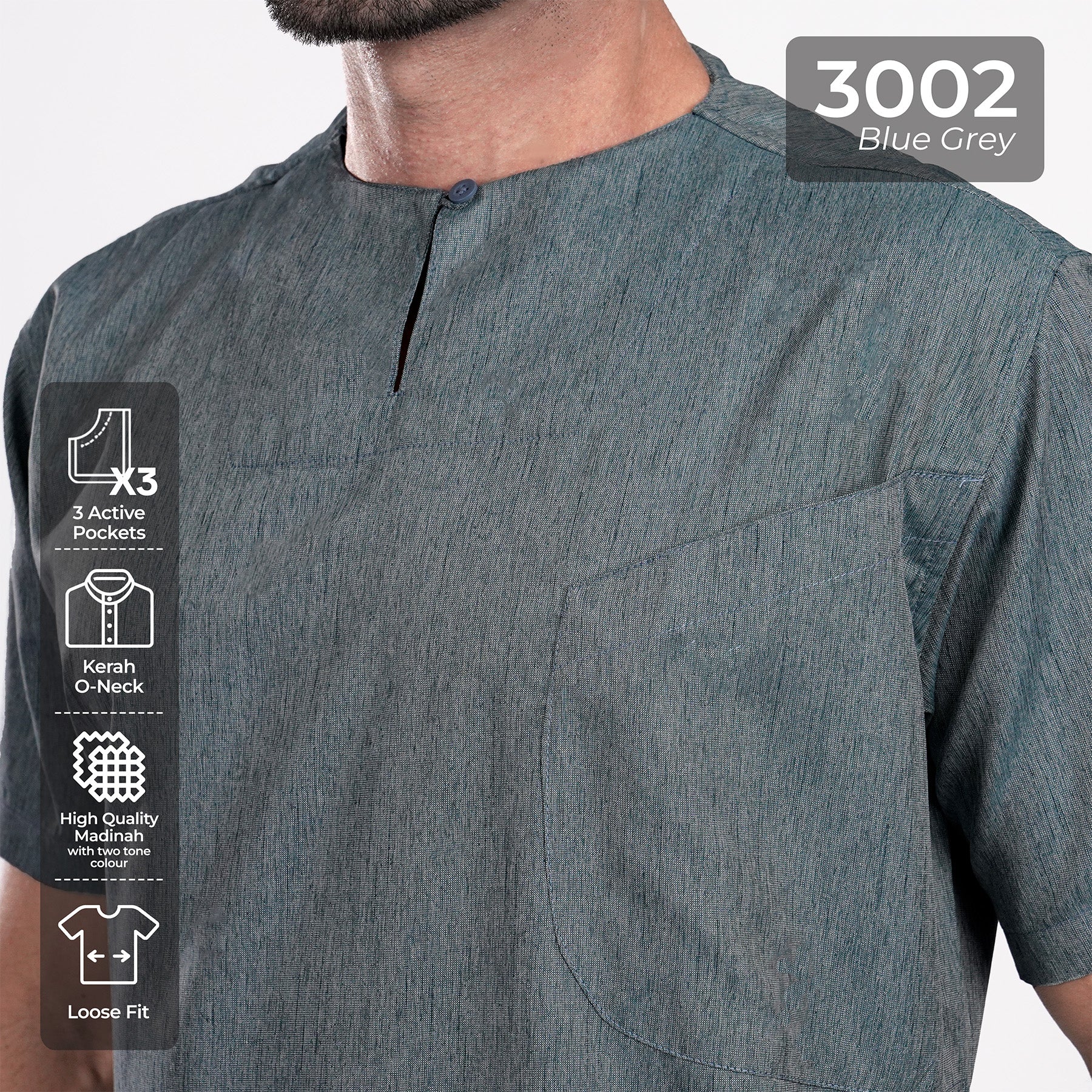 Kurta Umar Two Tone Lengan Pendek 3002 Blue Grey