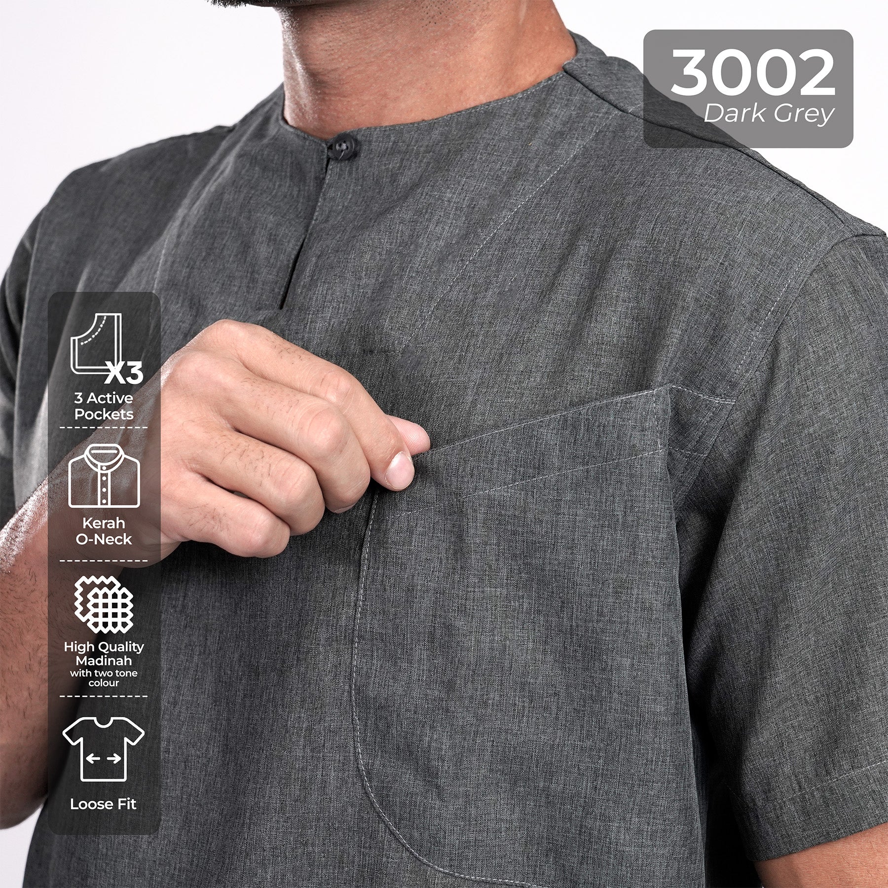 Kurta Umar Two Tone Lengan Pendek 3002 Dark Grey