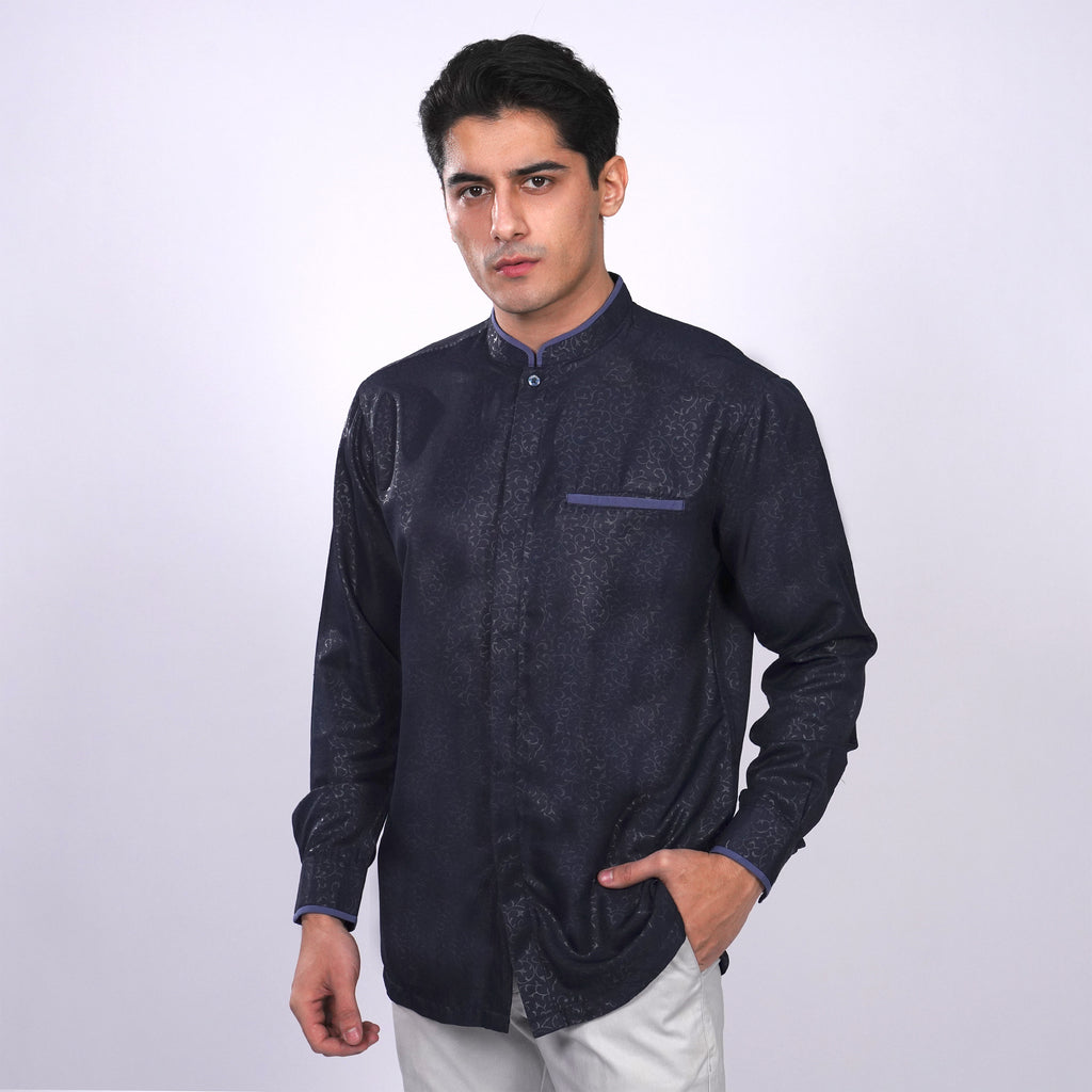 Kemeja Koko Zayn Emboss Lengan Panjang 9020 Navy