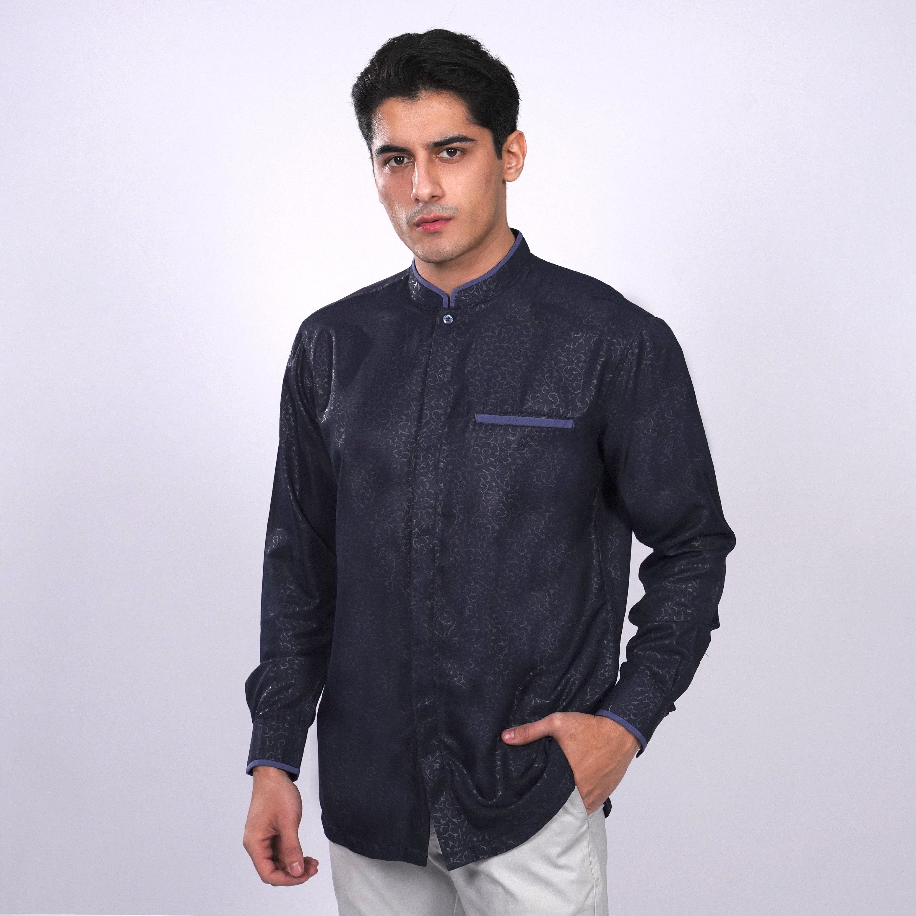 Kemeja Koko Zayn Emboss Lengan Panjang 9020 Navy