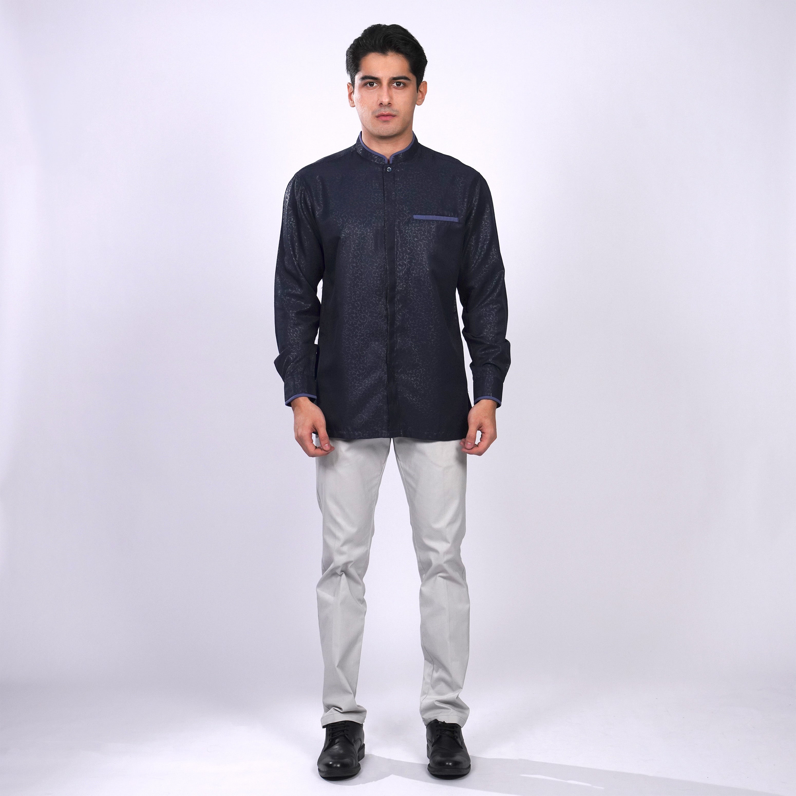 Kemeja Koko Zayn Emboss Lengan Panjang 9020 Navy