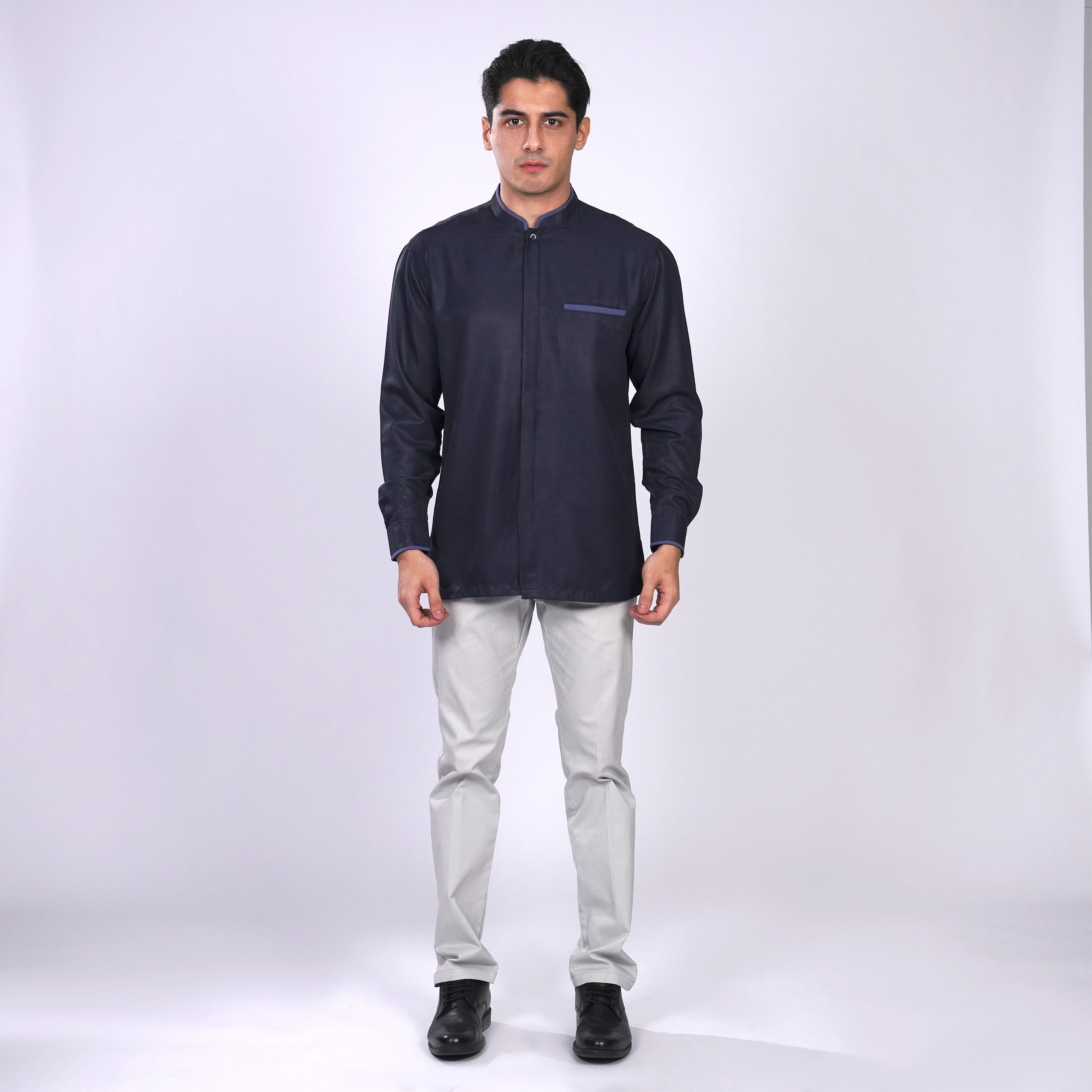 Kemeja Koko Zayn Emboss Lengan Panjang 9021 Navy