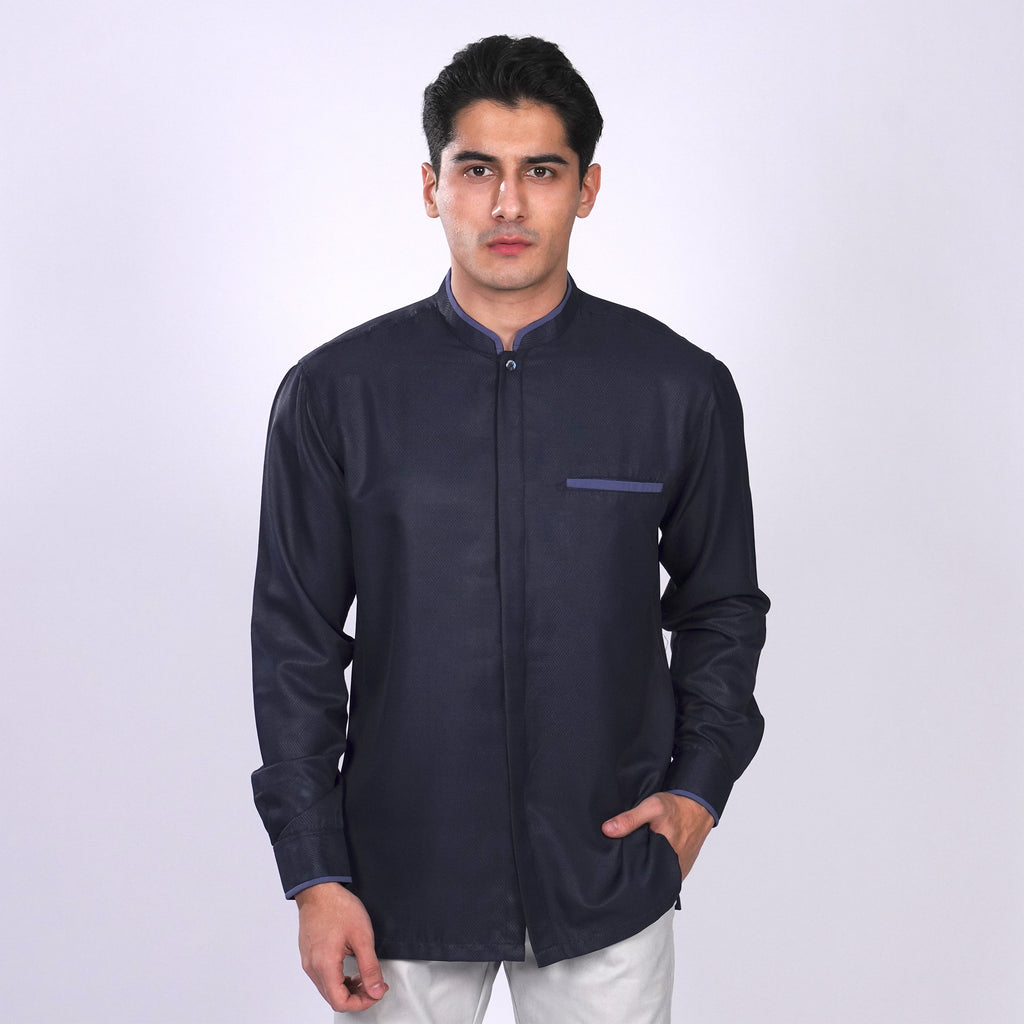 Kemeja Koko Zayn Emboss Lengan Panjang 9021 Navy
