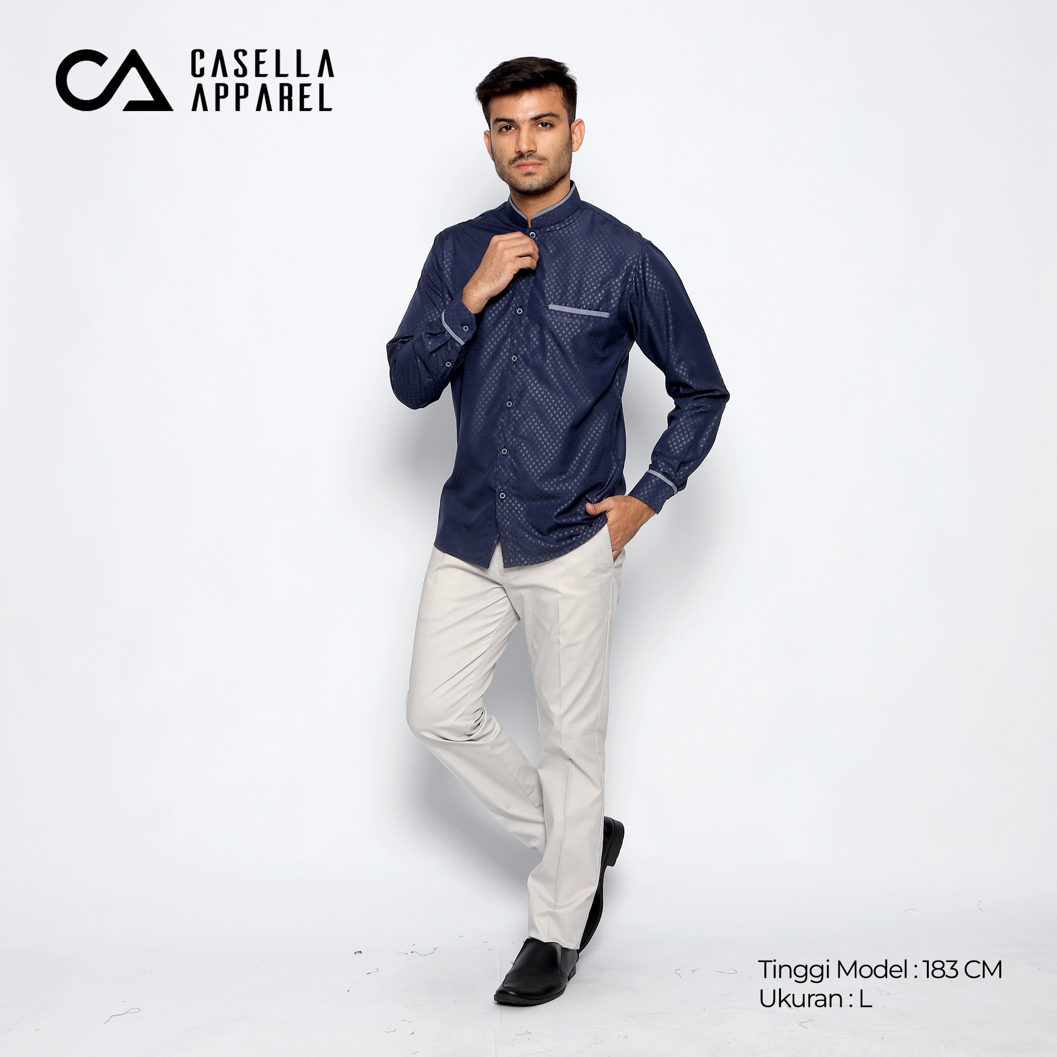 Kemeja Koko Zayn Emboss Lengan Panjang 9959 Navy