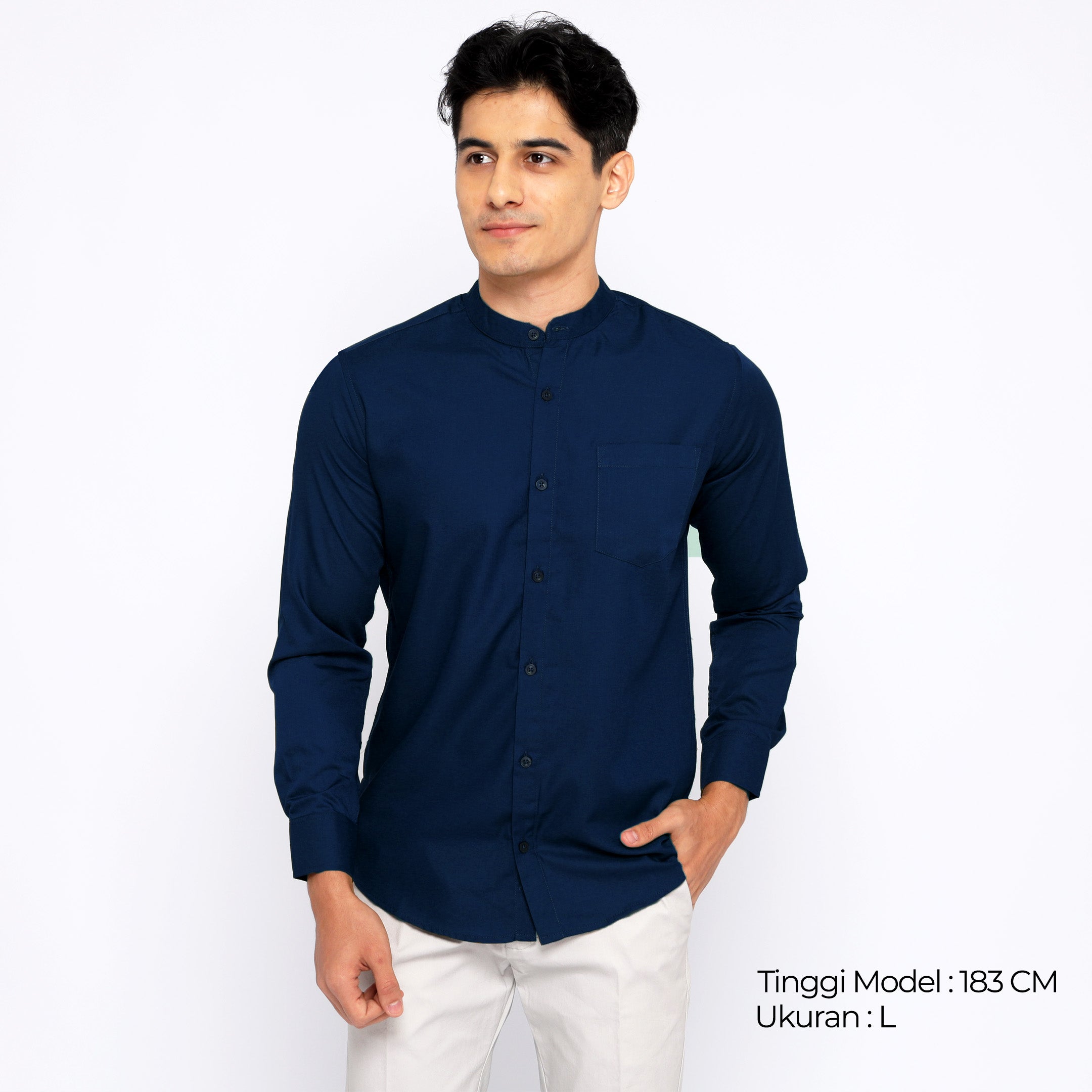 Kemeja Koko Shanghai Solid Lengan Panjang 7721 Navy